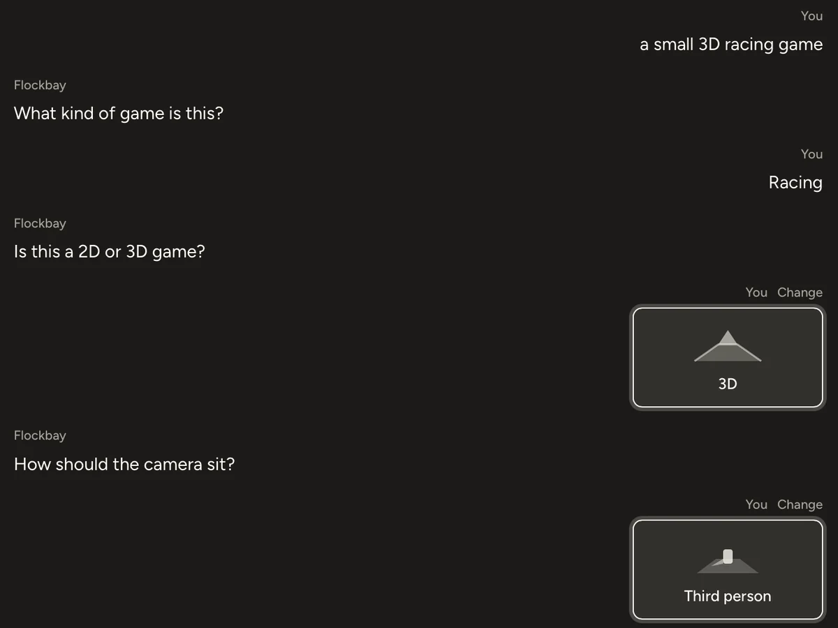A small 3D racing game described in the Flockbay conversation, with Flockbay asking whether it is 2D or 3D.