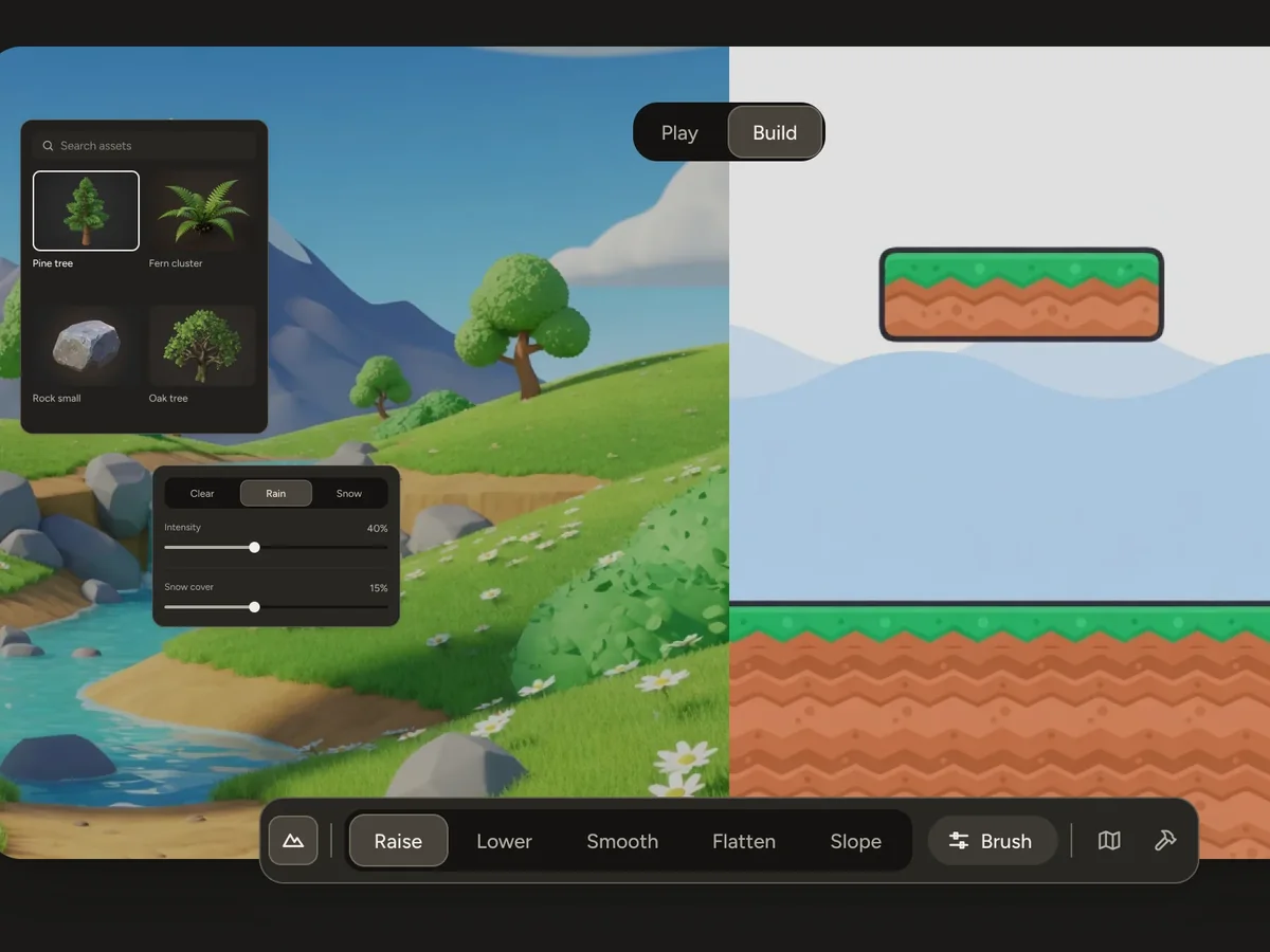 The Flockbay builder with the asset library, the weather panel and the terrain tools.
