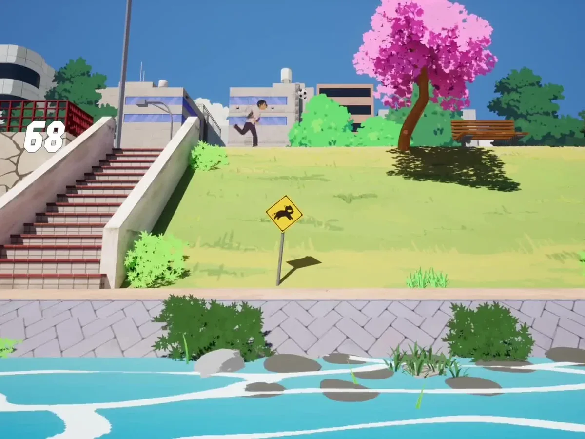 A game being played: a character kicks a ball up a riverside path in a sunny town, with the idea that made it typed over the picture.