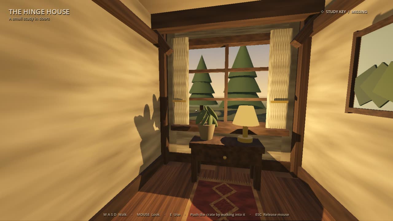 GPT-6.1 Sol's Hinge House: a hallway leading to a window, with a desk, a lamp and a potted plant.