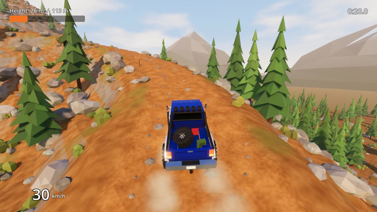 Opus 5.5's Summit Trail: the blue pickup climbs an orange dirt switchback between pines and grey boulders at 30 km/h.