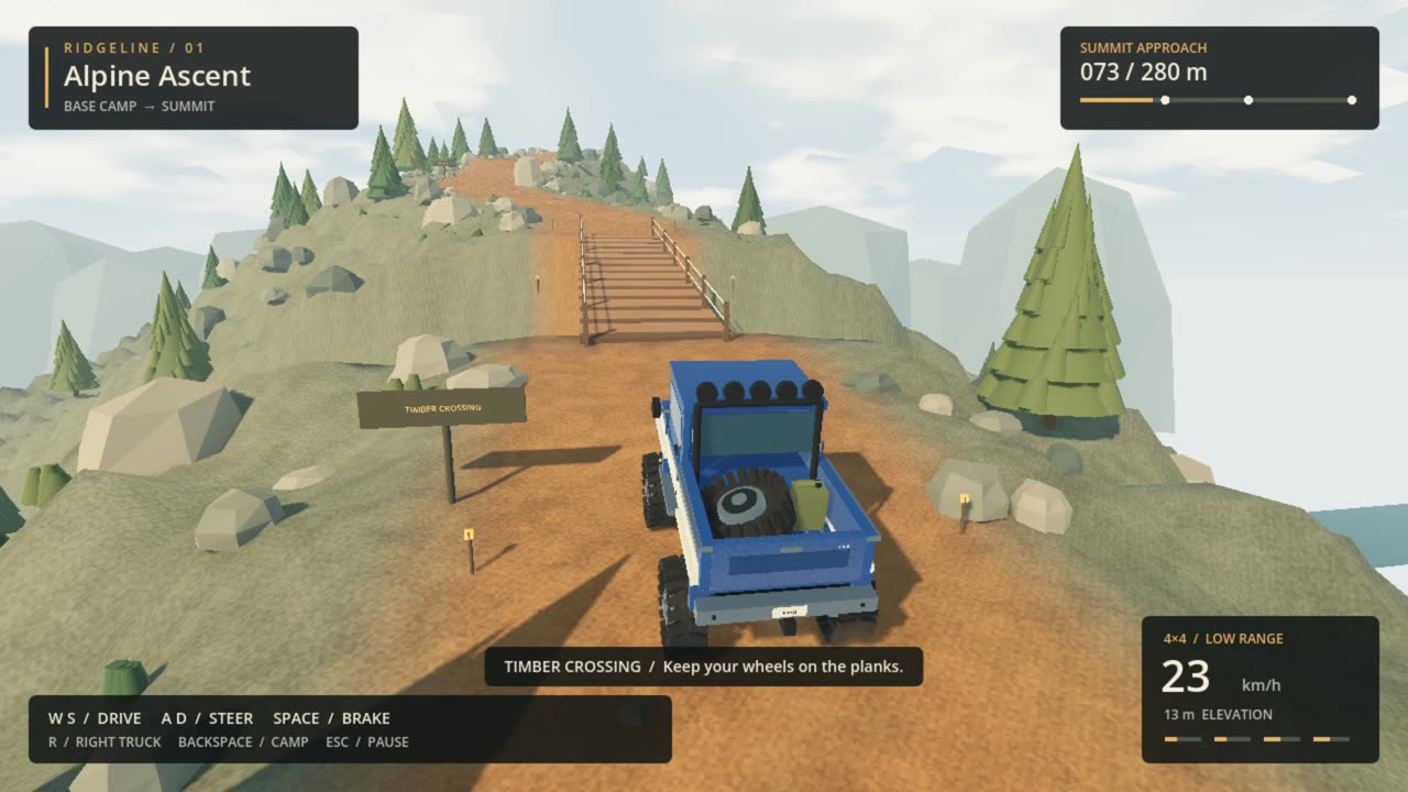 GPT-6.1 Sol's Alpine Ascent: the truck heads for the plank bridge, 73 of 280 metres up the trail.