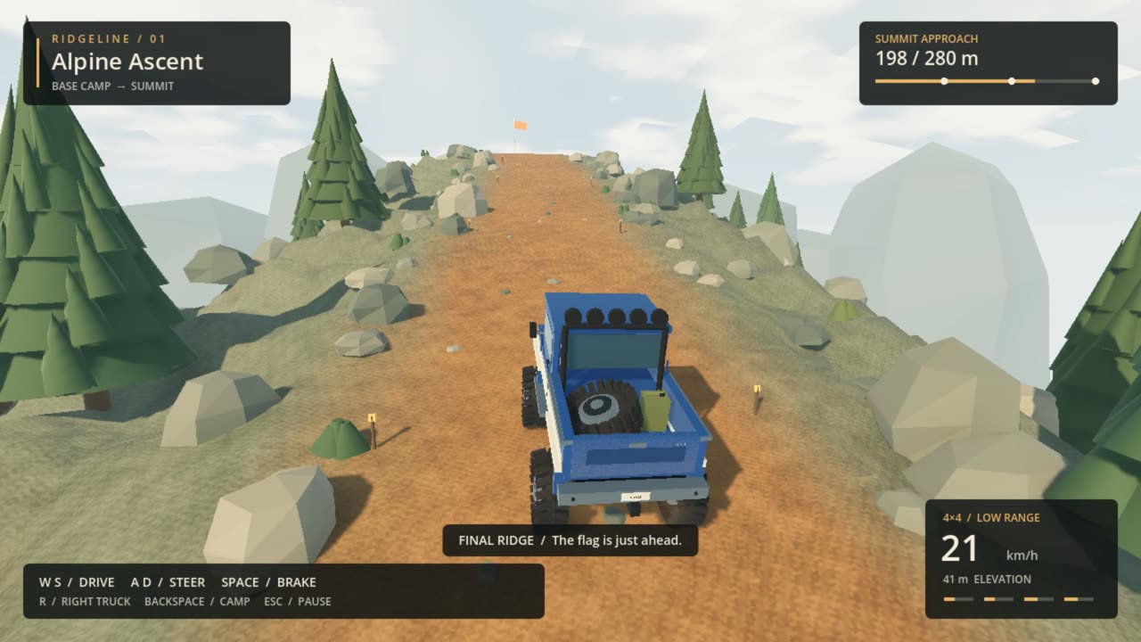 Alpine Ascent near the top: the truck on the final ridge at 21 km/h, 198 of 280 metres.