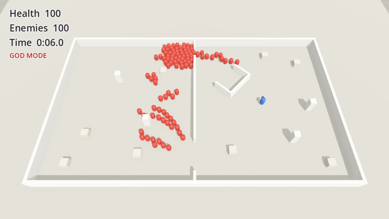 The first pass with a hundred enemies, six seconds in: one group of red capsules files through the doorway at the top of the middle wall while a second stream runs down the left-hand room toward the gap, and a U-shaped wall stands between the doorway and the player.