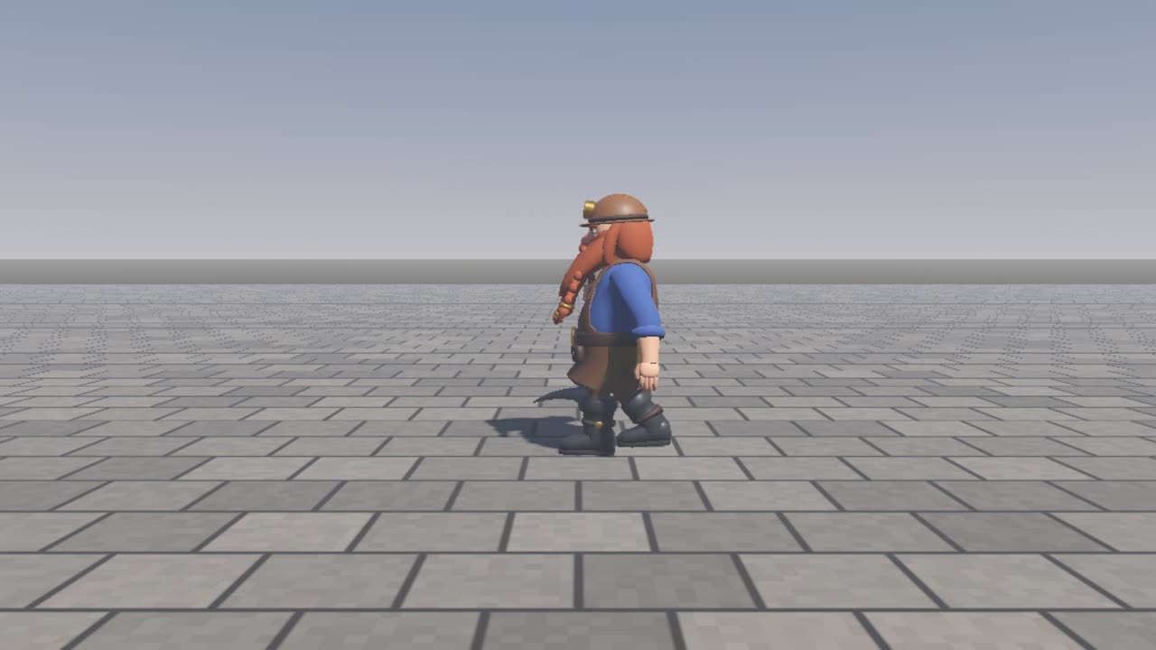 Claude Opus 5.5's dwarf walking across a stone-flagged floor in its own Godot scene, seen from the side under a clear sky.