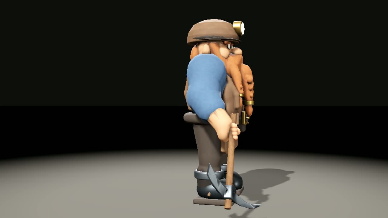 GPT-6.1 Sol's dwarf miner on the turntable, seen from the side with the pickaxe in hand.