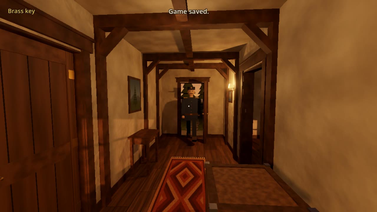 Claude Opus 5.5's game just after a save: a first-person view down a wooden hallway, the guard in the front doorway at the far end, a crate on the floor, and the line Game saved. at the top.