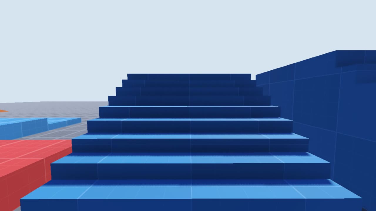 The starting game in first person, stopped against the first riser of the same flight as a plain blue blockout, with a red block and lighter blue steps to its left.