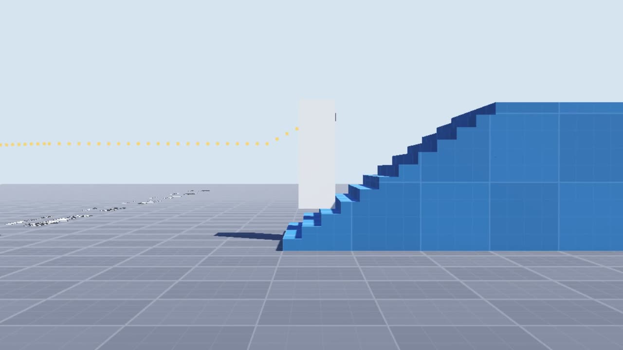 Claude Opus 5.5's first pass seen from the side on the blockout: a white box, the player's collision shape drawn in, starting up a flight of blue steps, with a dotted line behind it where the camera went.
