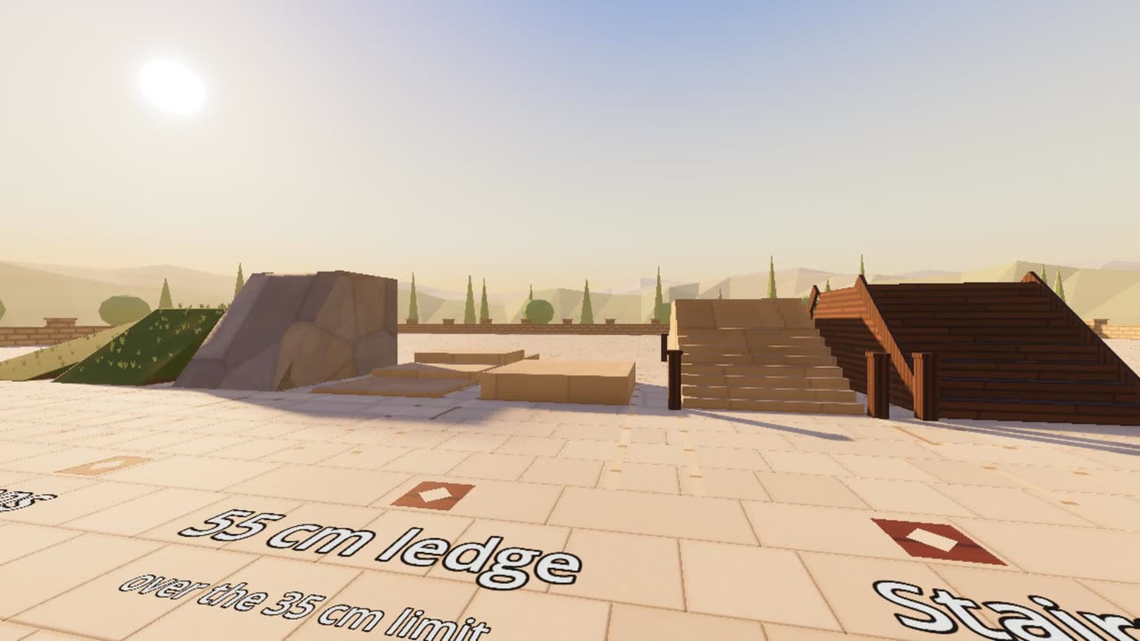 The dressed course from the start line: a grass bank, a faceted rock slope, sandstone steps, the stone and timber flights of stairs, and the lane label 55 cm ledge painted on the paving.