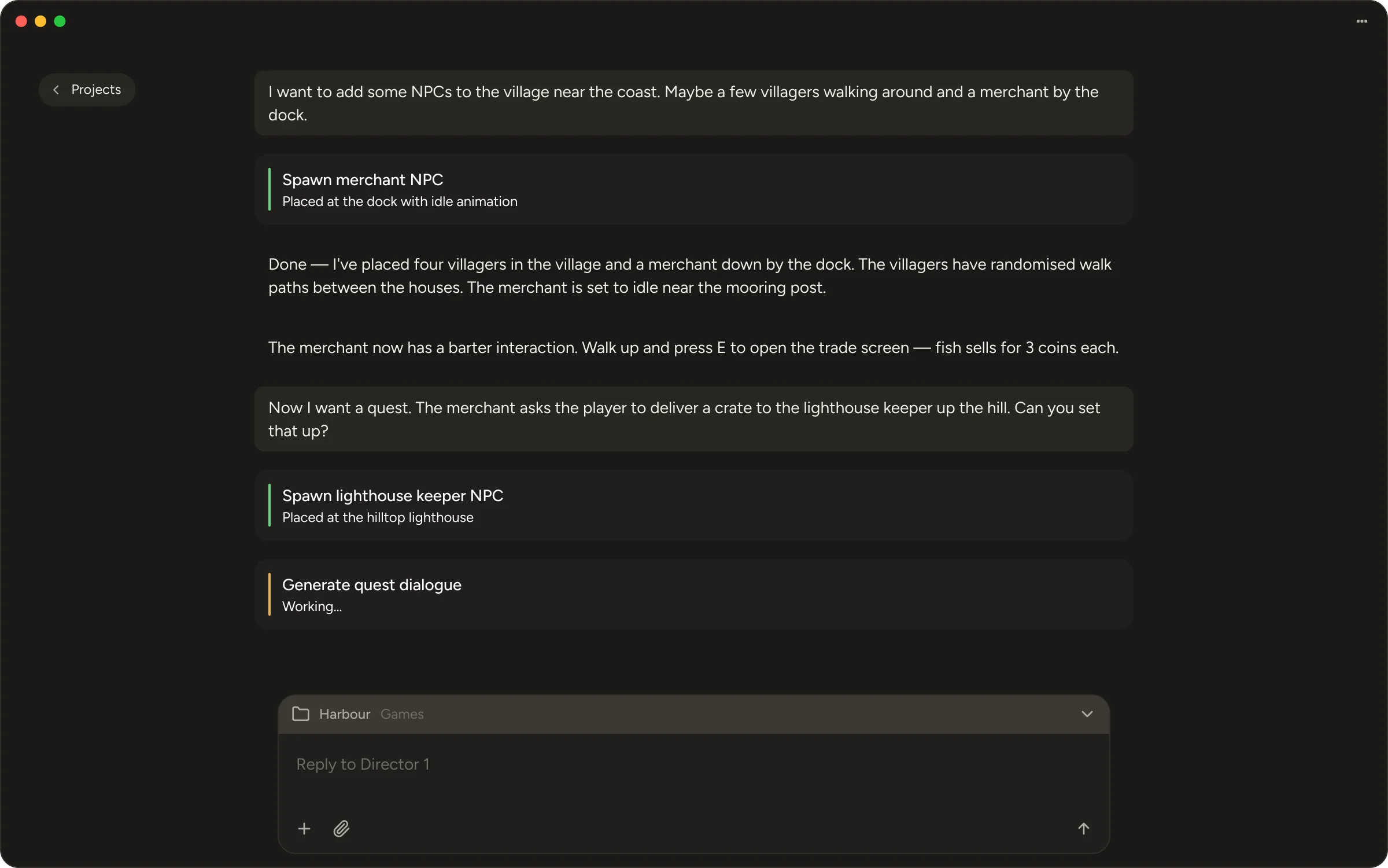Director 1 has placed the player on a stretch of coast and is working. The composer is open on the Harbour project.