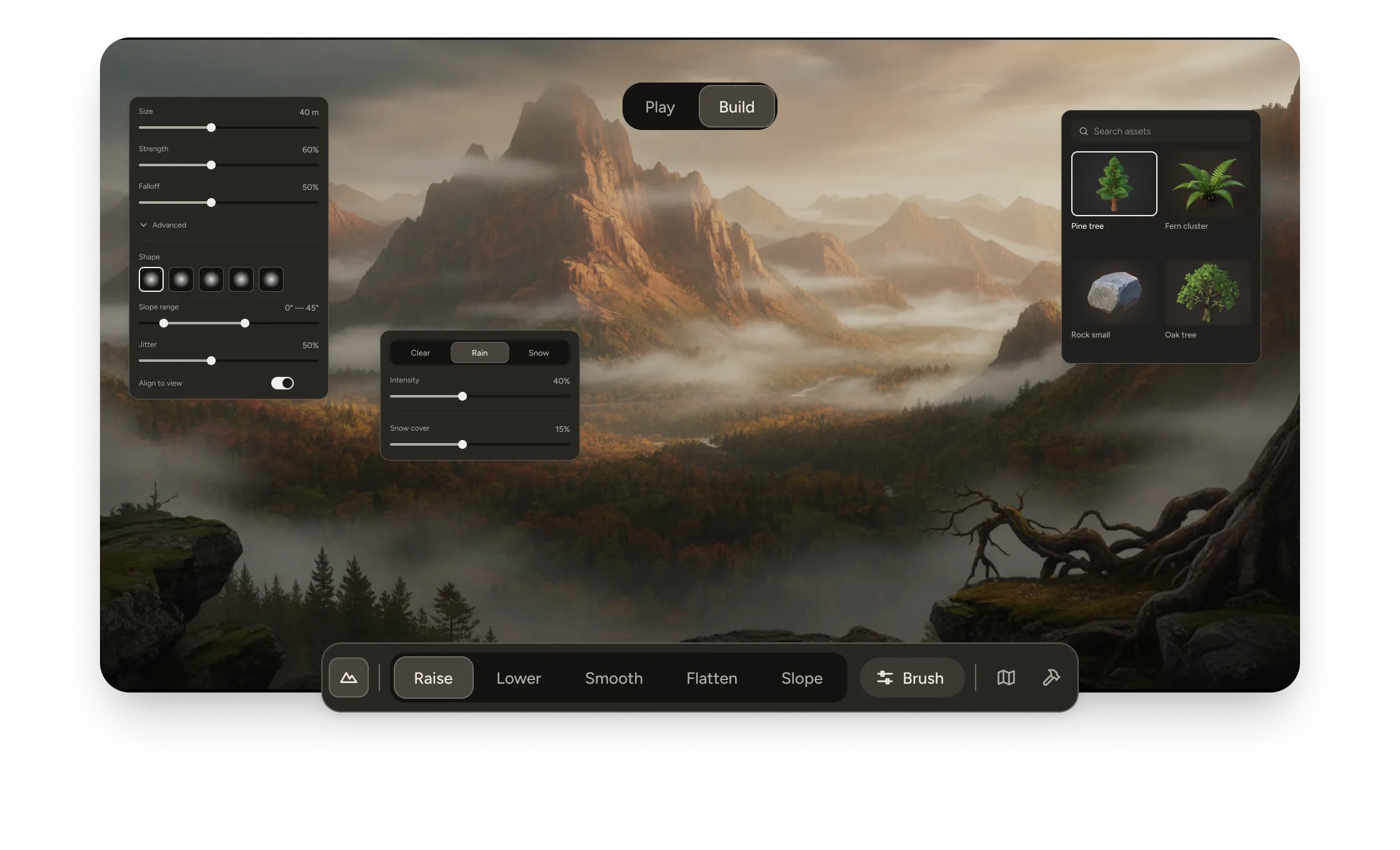 The builder in Build mode over a mountain valley, with shape, weather and library panels and the terrain toolbar