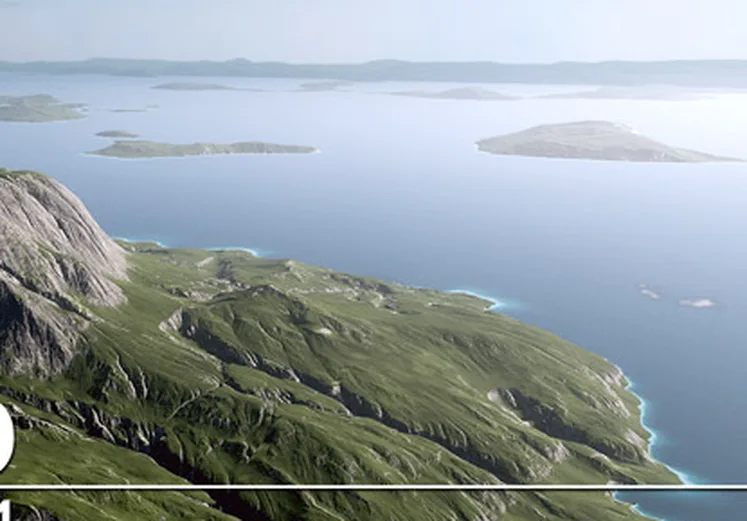 Green islands in a pale sea, seen from above