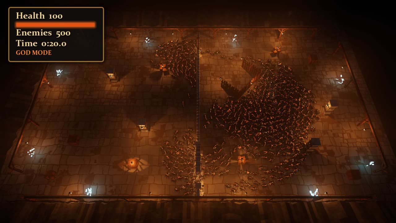 Claude Opus 5.5’s 500-enemy horde: ember-lit beetles streaming through a stone chamber.