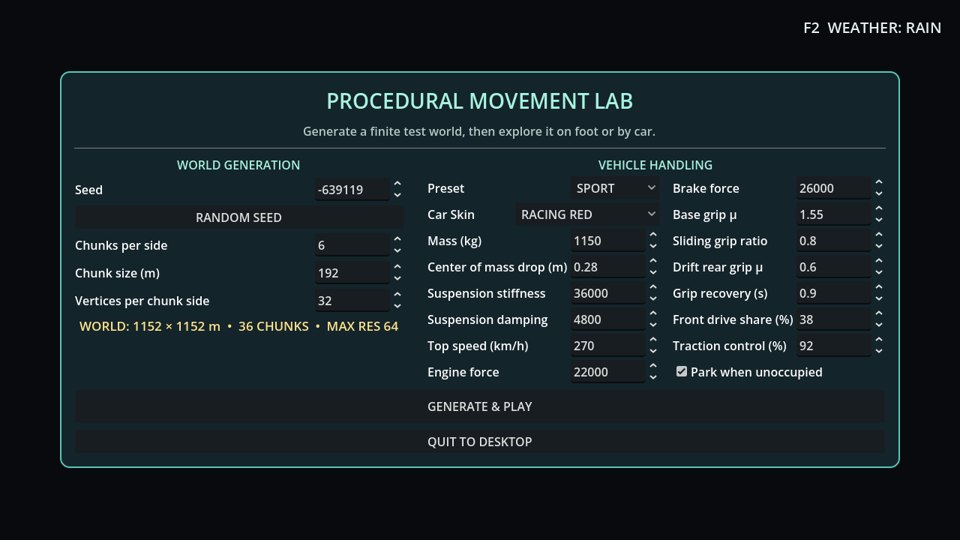 The Open-World Driving template's start screen: the world generation and vehicle handling settings.