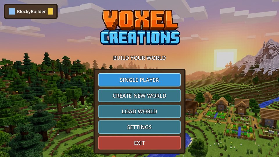 The Voxel Sandbox template's main menu over a blocky landscape of forest, fields and a village.